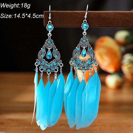 Blue Enamel Feather Crystal Long Earrings Jewelry