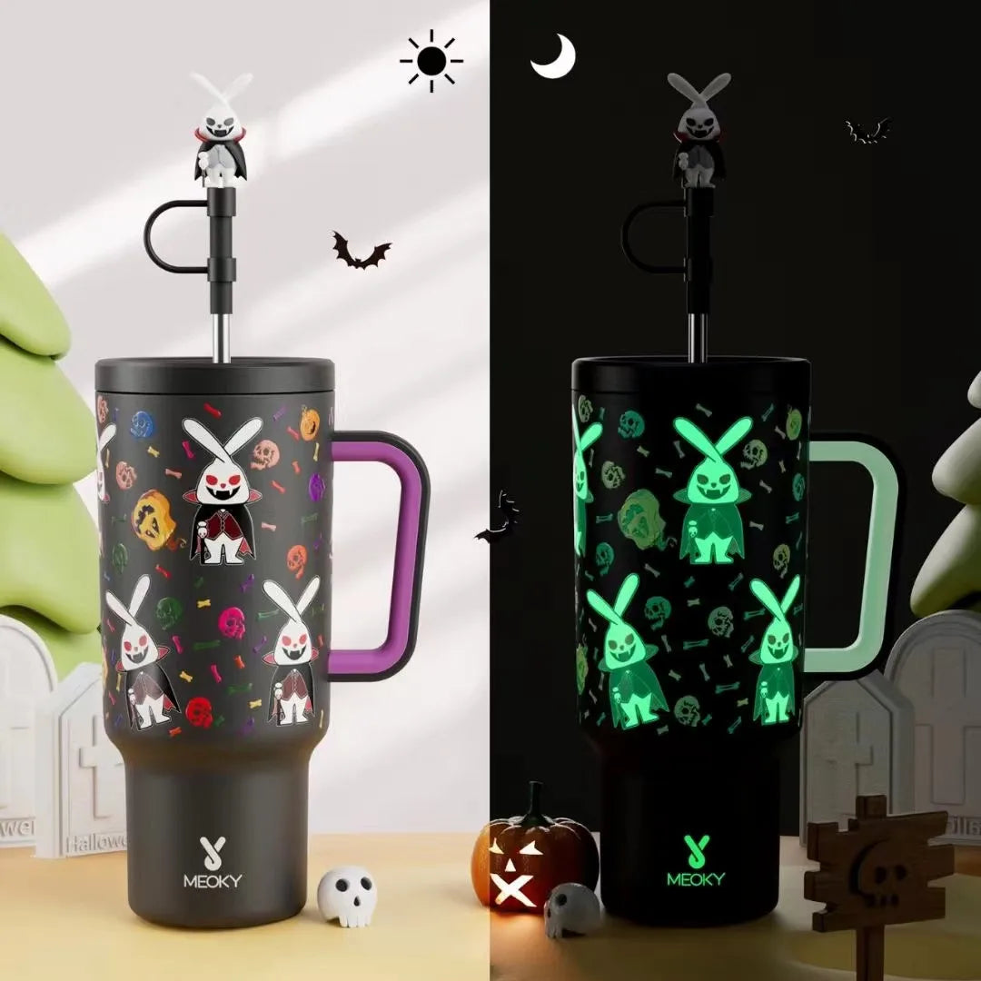Meoky 40oz Tumbler Handle with Straw Cute Stopper Stainless Steel Insulation Coffee Cup Luminous Vacuum Car Mug Halloween Gifts - Charlie Dolly