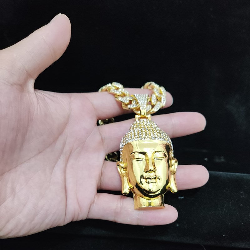 Men Women Hip Hop Buddha Pendant Necklace with 13mm Crystal Cuban Chain HipHop amulet Necklaces Fashion Charm Jewelry Best Gifts - Charlie Dolly