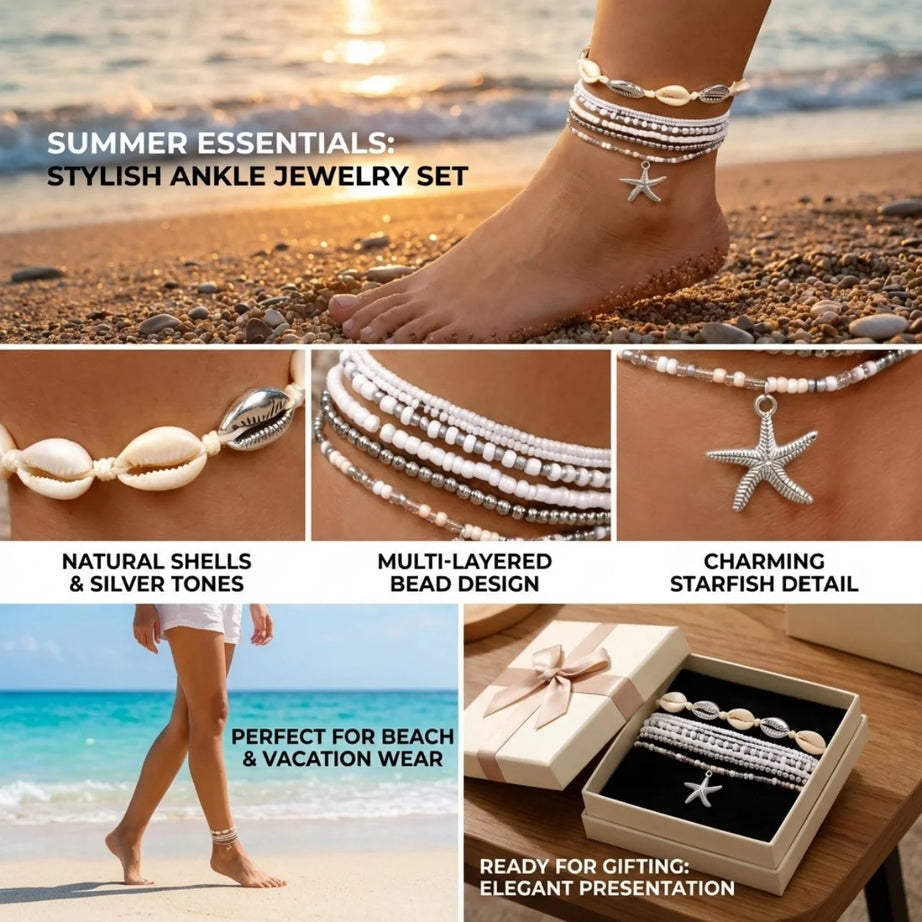 Starfish Tassel and Shell Multilayer Boho Anklet