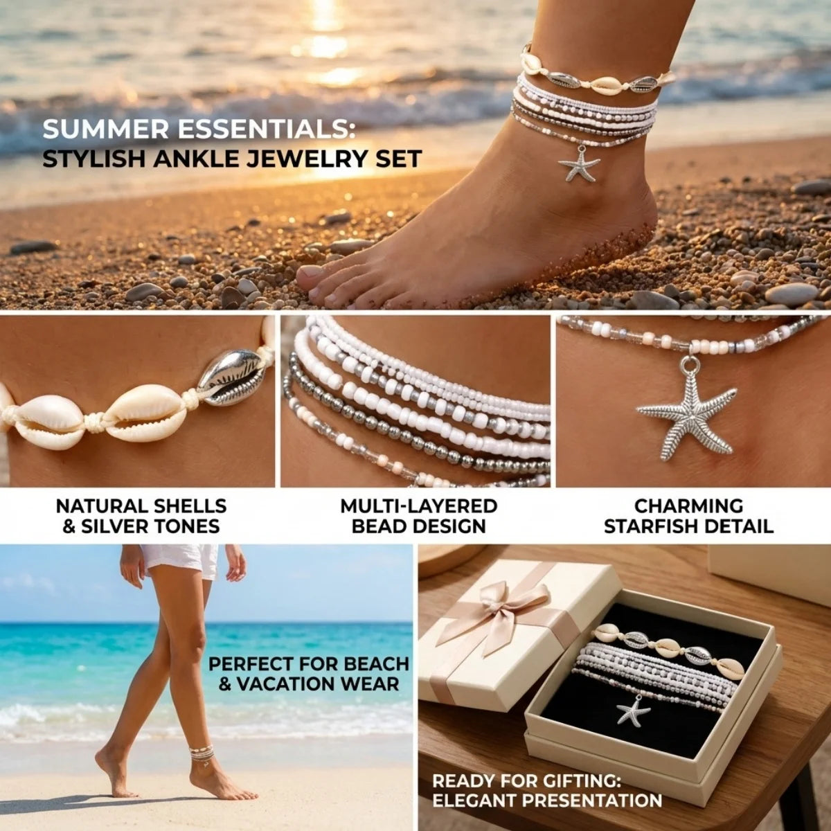 Multilayer Metal Starfish Tassel Shell Rice Beads Anklet Set For Women Men Boho Beach Vacation Foot Chain Ankle Bracelet Jewelry