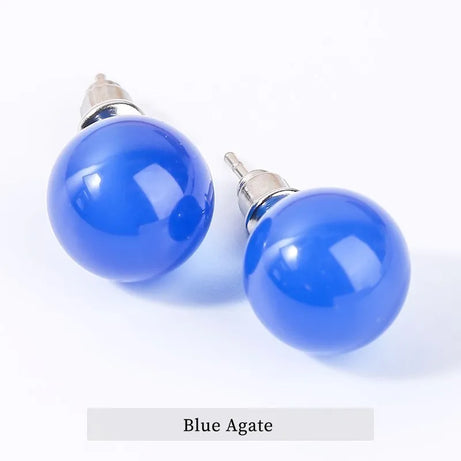 Natural Stone Agate Quartz Lapis Lazuli Tiger Eye Round Bead Stud Earrings Women Fashion Simple Stainless Steel Crystal Ear Stud - Charlie Dolly
