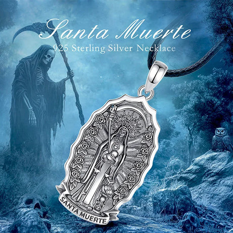 S925 Sterling Silver Santa Muerte Pendant Necklace, Holy Death Mexican Devotional Amulet