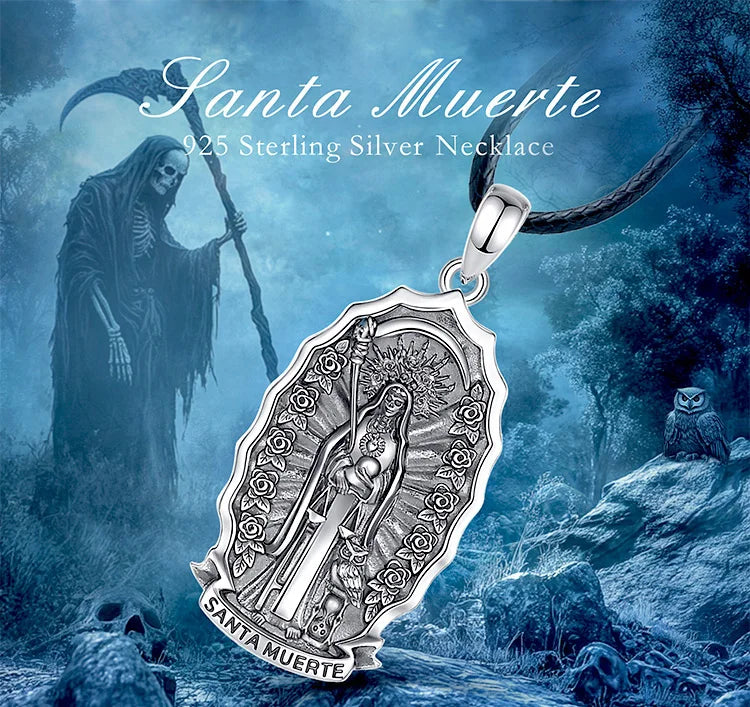 Eudora 925 Sterling Silver Santa Muerte Necklace for Women Man Holy Death Scythe Mexican Pendant Personality Jewelry Fine Gift