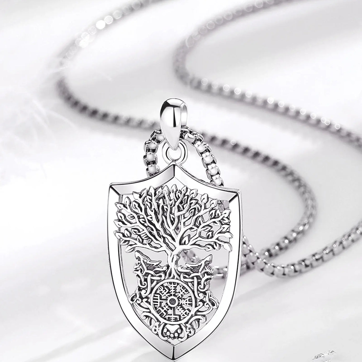 S925 Sterling Silver Viking Yggdrasil Compass Pendant Necklace, Tree of Life Wolf Norse Amulet