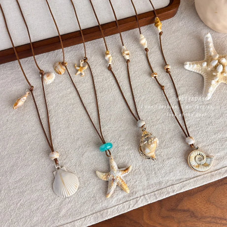 Starfish, Nautilus and Conch Wax Rope Clavicle Necklace