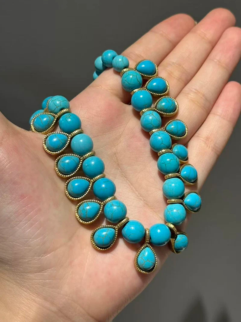 Bohemia Blue Natural Stone Water Drop Beads Chain Choker Necklace Vintage Jewelry for Woman Retro New in Boho Luxury Accessories