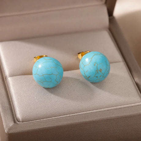 1 Pair Natural Stone Stud Earrings For Women Men Round Turquoises Tiger Eye Lapis Lazuli Beads Earring Fashion Jewelry Gift - Charlie Dolly