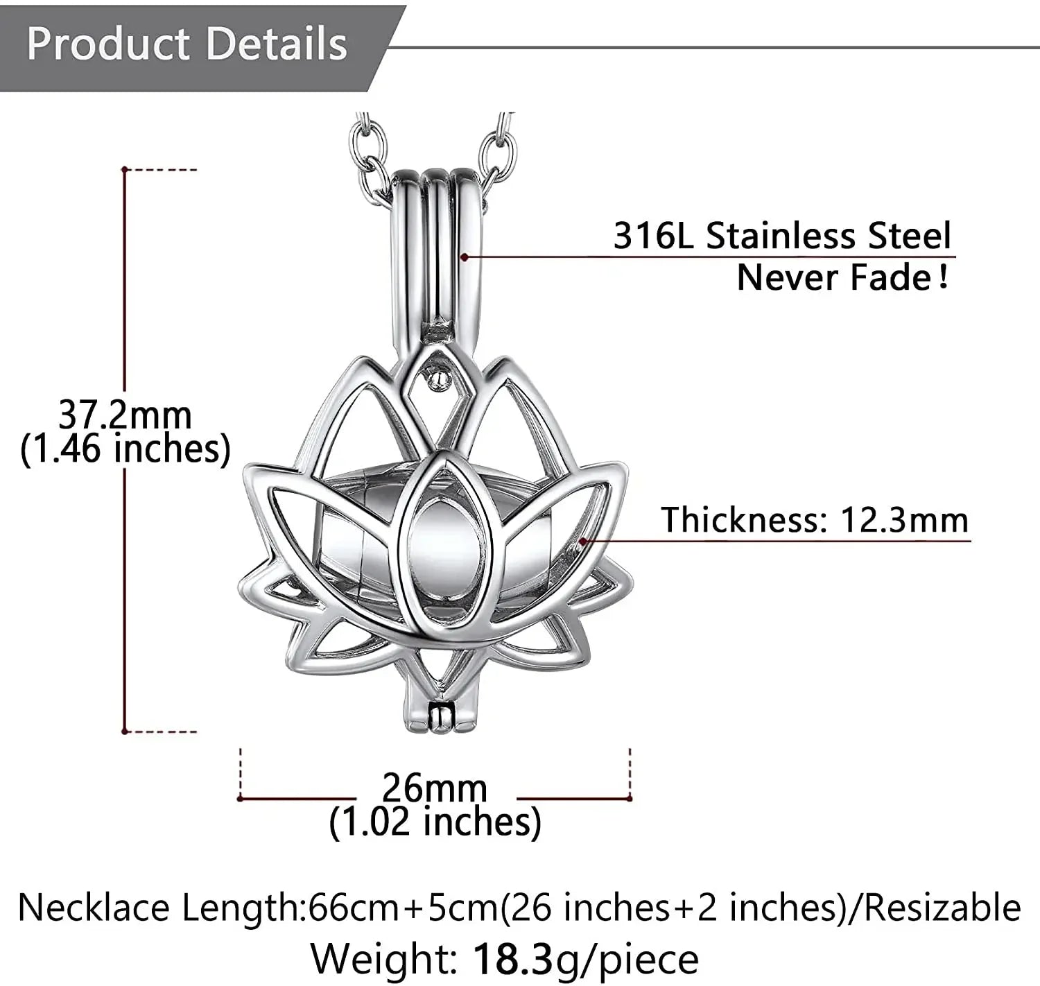 U7 Lotus Necklace Cremation Jewelry for Ashes of Love One 316L Stainless Steel Hollow Out Lotus Flower Urn Pendant 20" O-chain