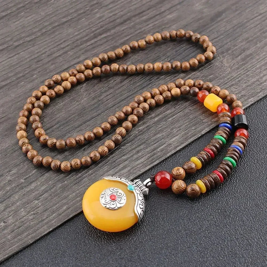 Nepal Wood Bead Mala Pendant Necklace Jewelry