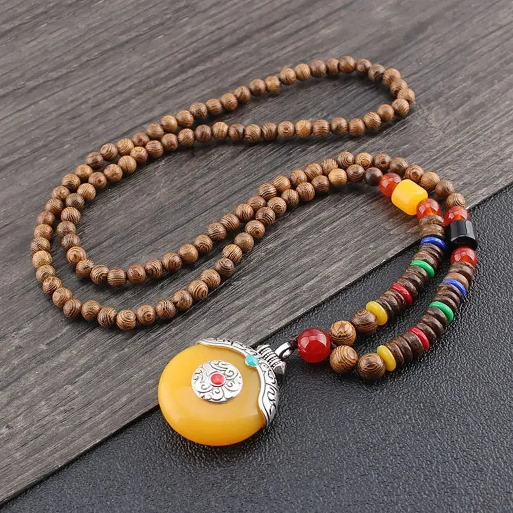 Nepal Wood Bead Mala Pendant Necklace Jewelry