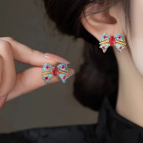 Red Crystal Zircon Bow Earrings Jewelry