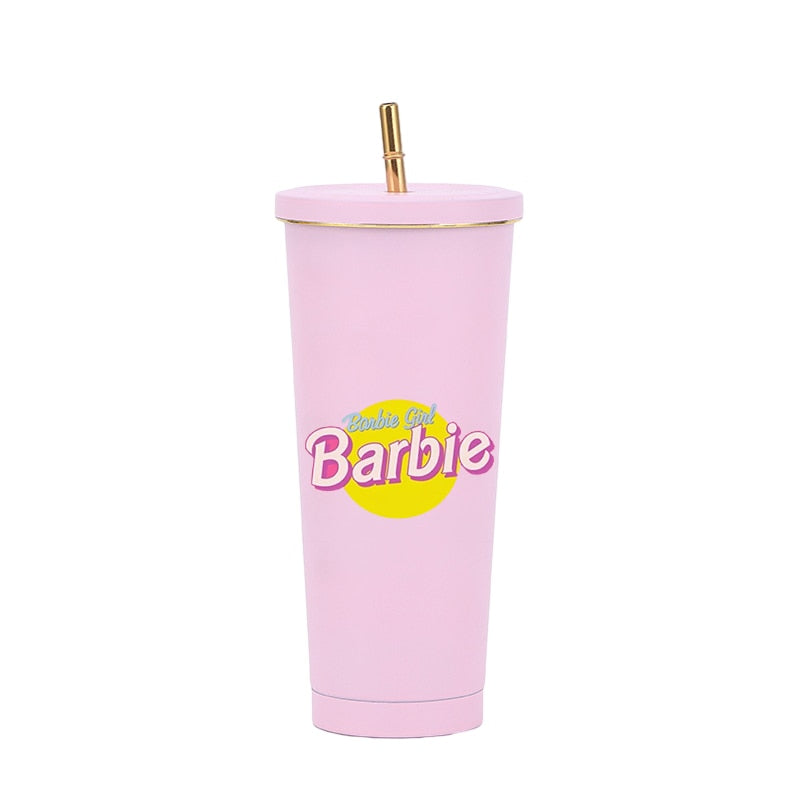 New 500/750Ml Kawaii Barbie Stainless Steel Straw Cup Anime Portable Large Capacity Insulation Cold Coffee Mug Water Bottle Gift - Charlie Dolly