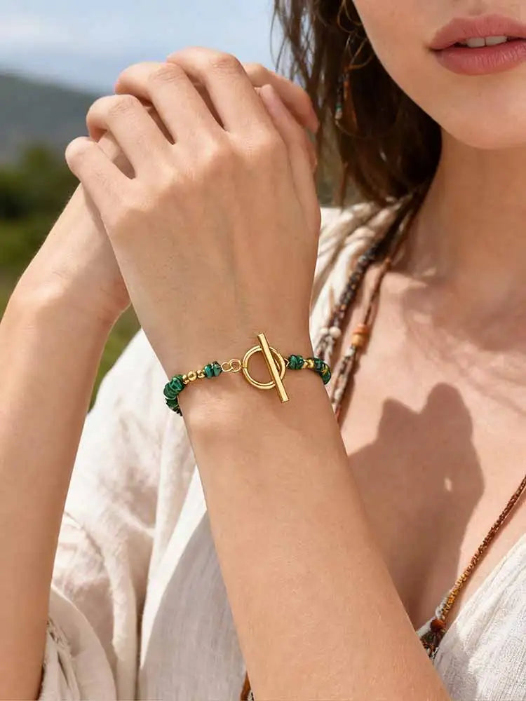 Boho Natural Stone Beaded Bracelet for Women Toggle Clasp Crystal Bead Chain Bracelet Chic Design Stainless Steel Jewelry Gift