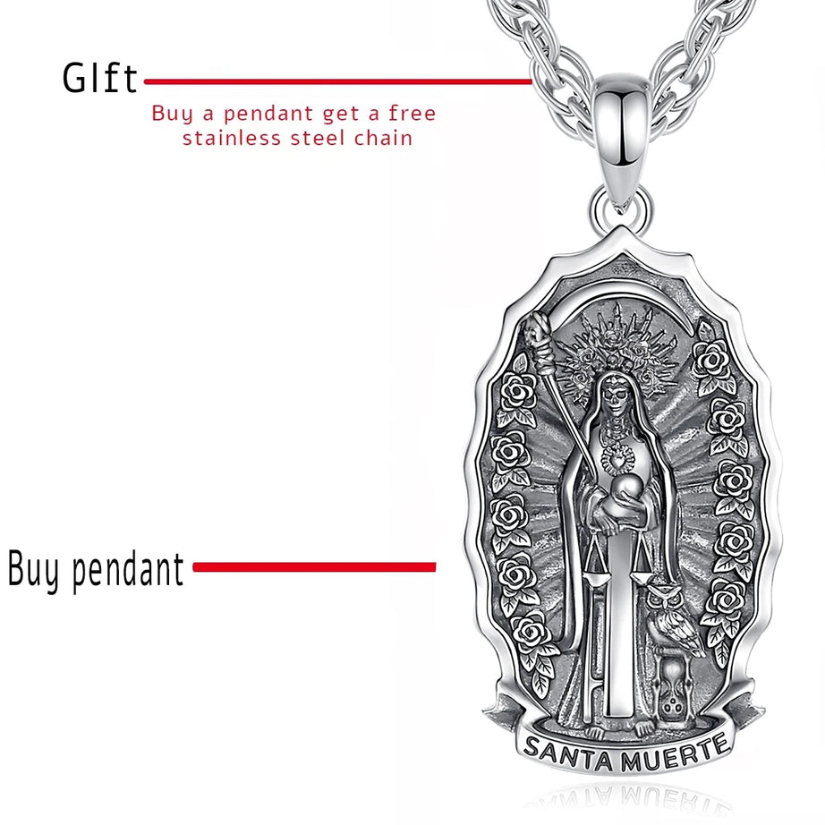 S925 Sterling Silver Santa Muerte Pendant Necklace, Holy Death Mexican Devotional Amulet