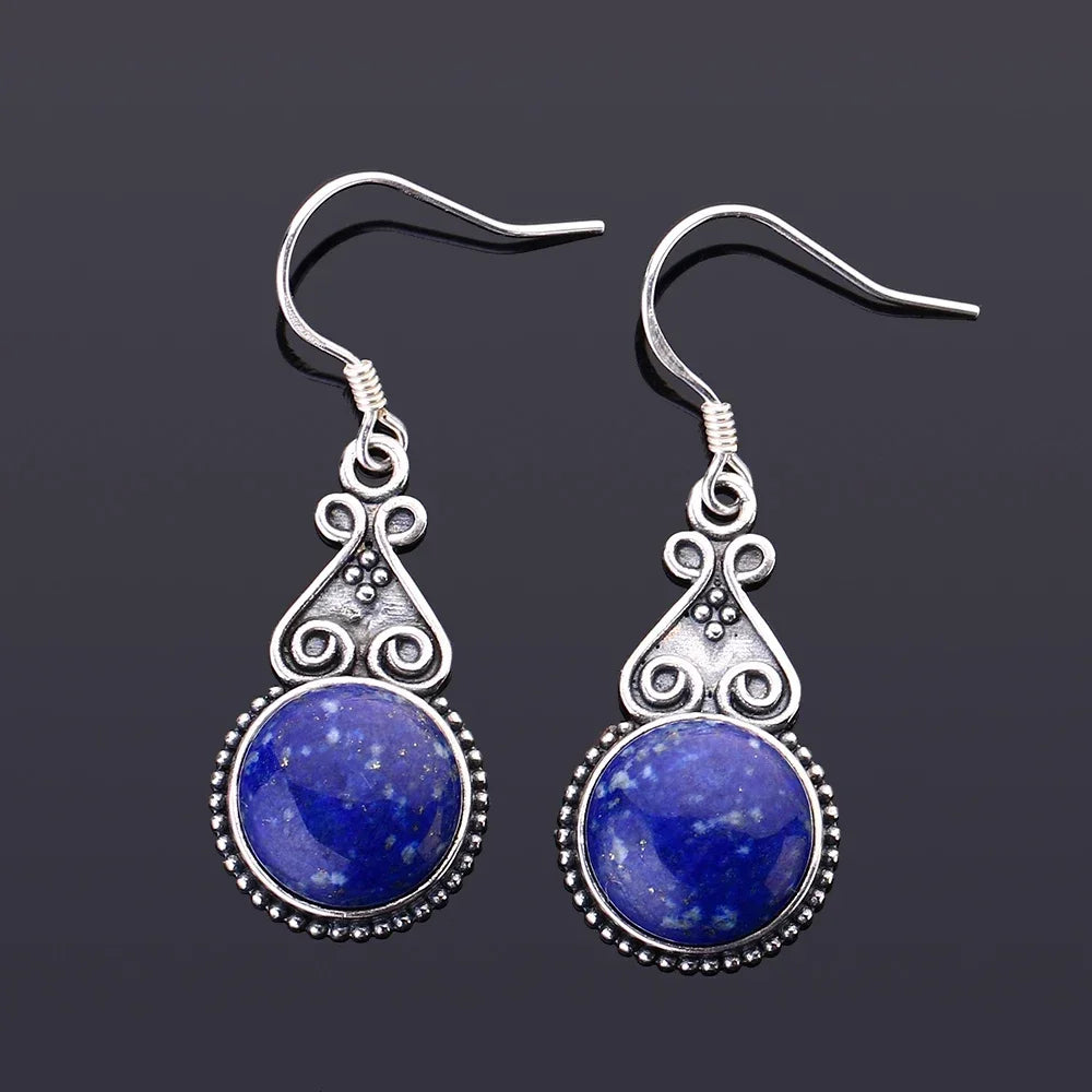 S925 Silver Drop Earring 10MM Round Lapis Lazuli Blue Pendant Earrings Engagement Wedding Women Fine Jewelri