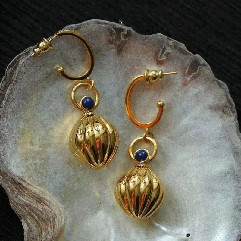 Nutmeg series original design retro artistic lapis lazuli earings long Ancient gold crafts glossy earrings for women jewelry