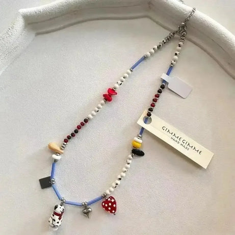 Black and White Beaded Dalmatian Puppy Pendant Necklace