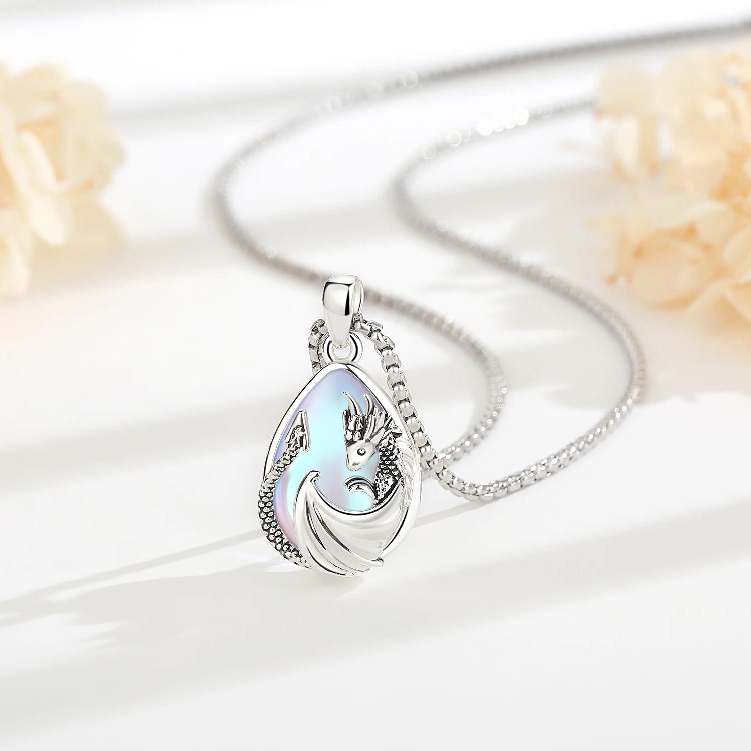 Moonstone Dragon Crescent Pendant Necklace, Celestial Guardian Amulet