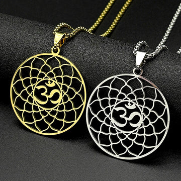 Lotus Flower of Life Hindu Om Symbol Yoga Stainless Steel Pendant Necklace for Women Men Gold Color Buddhist Chain Jewelry Gift