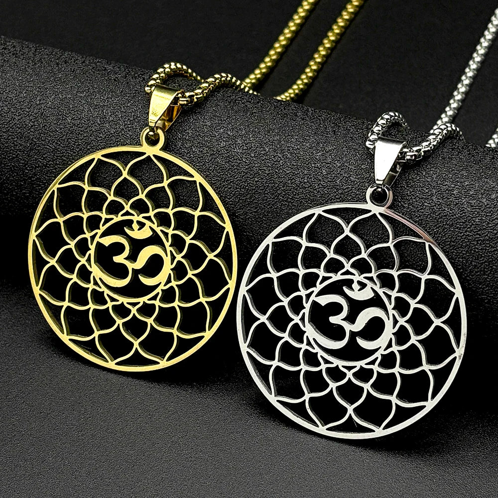 Lotus Flower of Life Hindu Om Symbol Yoga Stainless Steel Pendant Necklace for Women Men Gold Color Buddhist Chain Jewelry Gift