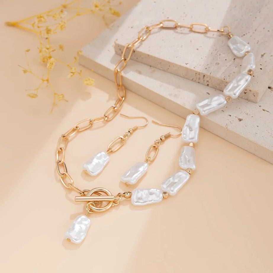 Square Pearl and Cross Chain Boho Necklace, Earring and Bracelet Set