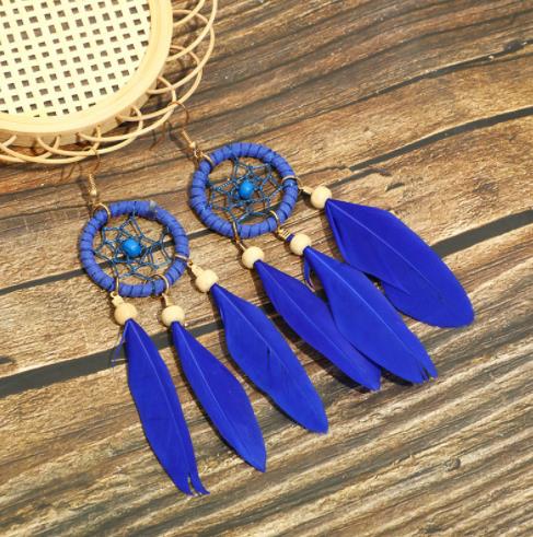 Bohemian Hollow Dream Catcher Leaf Feather Earrings For Women Indian Jewelry Blue Natural Stone Drop Dangle - Charlie Dolly
