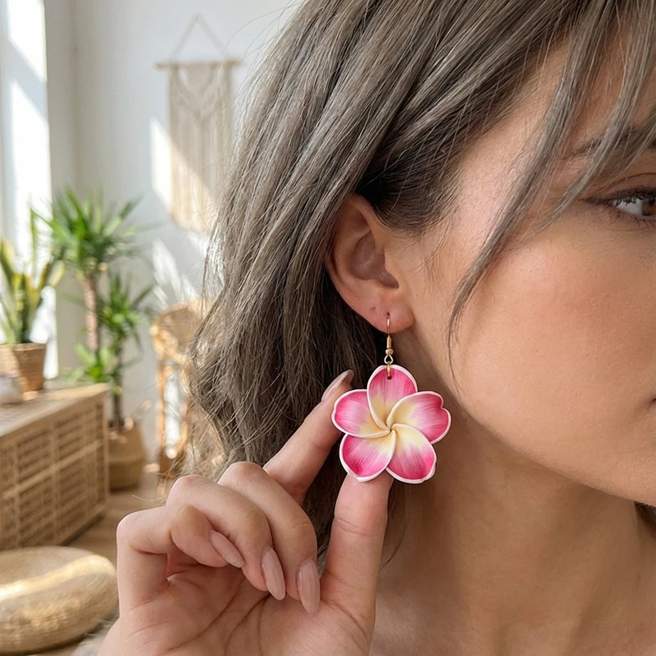 Pink Plumeria Clay Flower Drop Earrings Jewelry