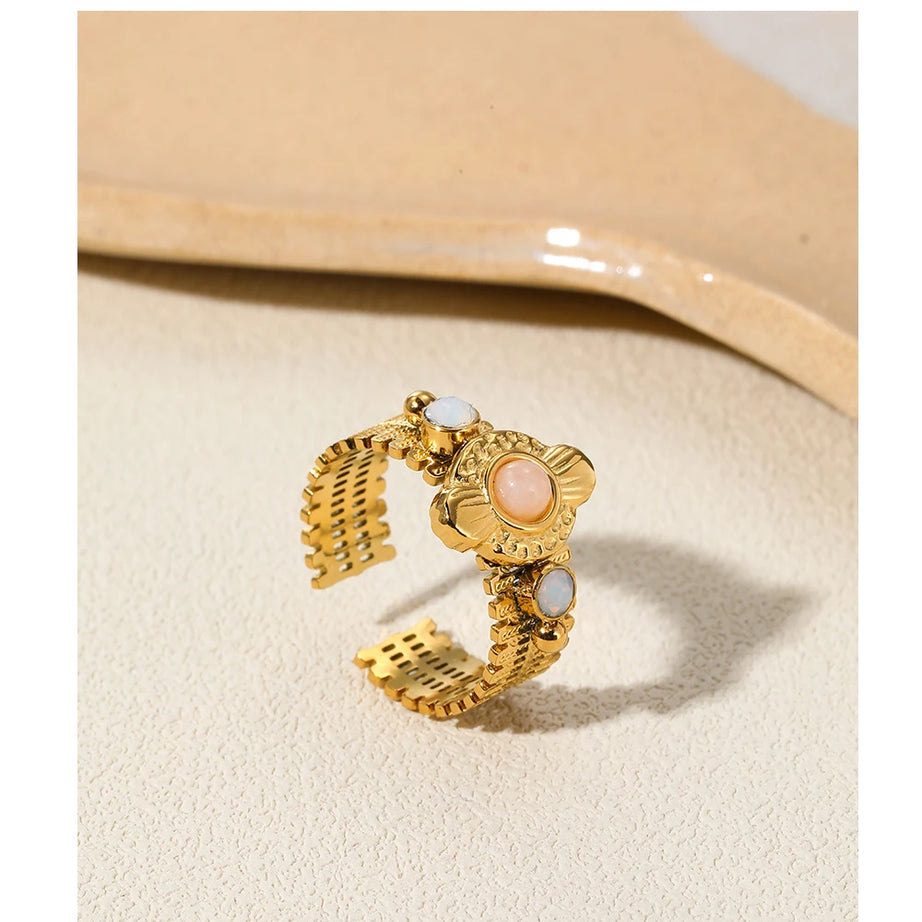 YACHAN Boho Vintage Stainless Steel Rings for Women Pink Natural Stone Lazurite 18K Gold Plated Aesthetic Trend Jewelry - Charlie Dolly