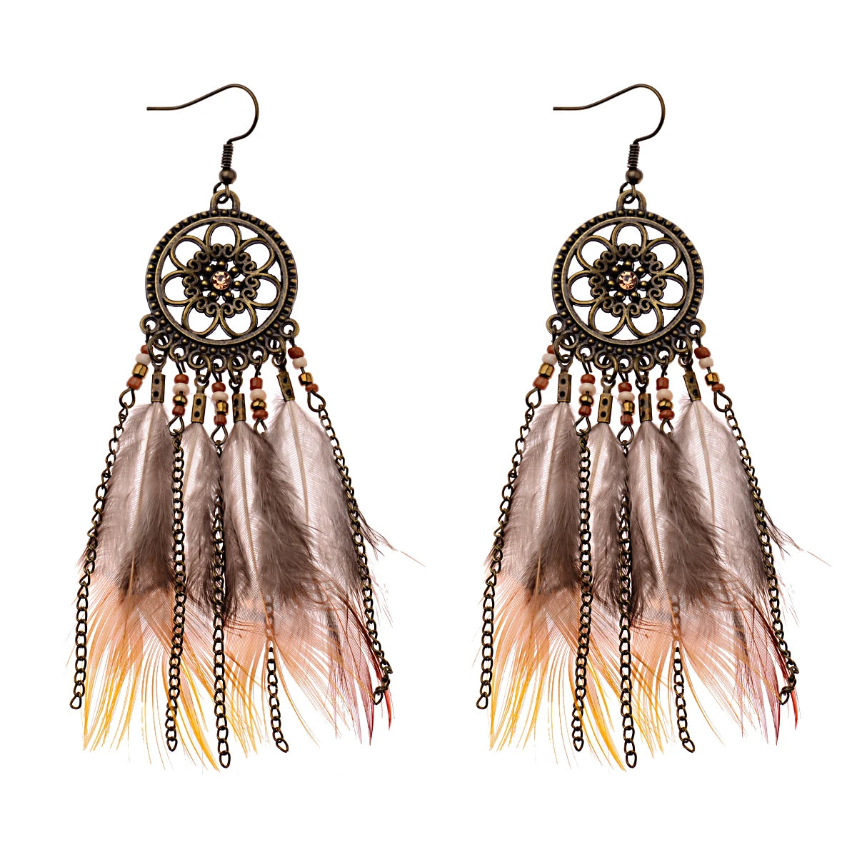 Round Retro Women's Dream Catcher Handmade Long Tassel Feather Earrings Female Leaves Pendant Earring Kolczyki Boho Jewelry