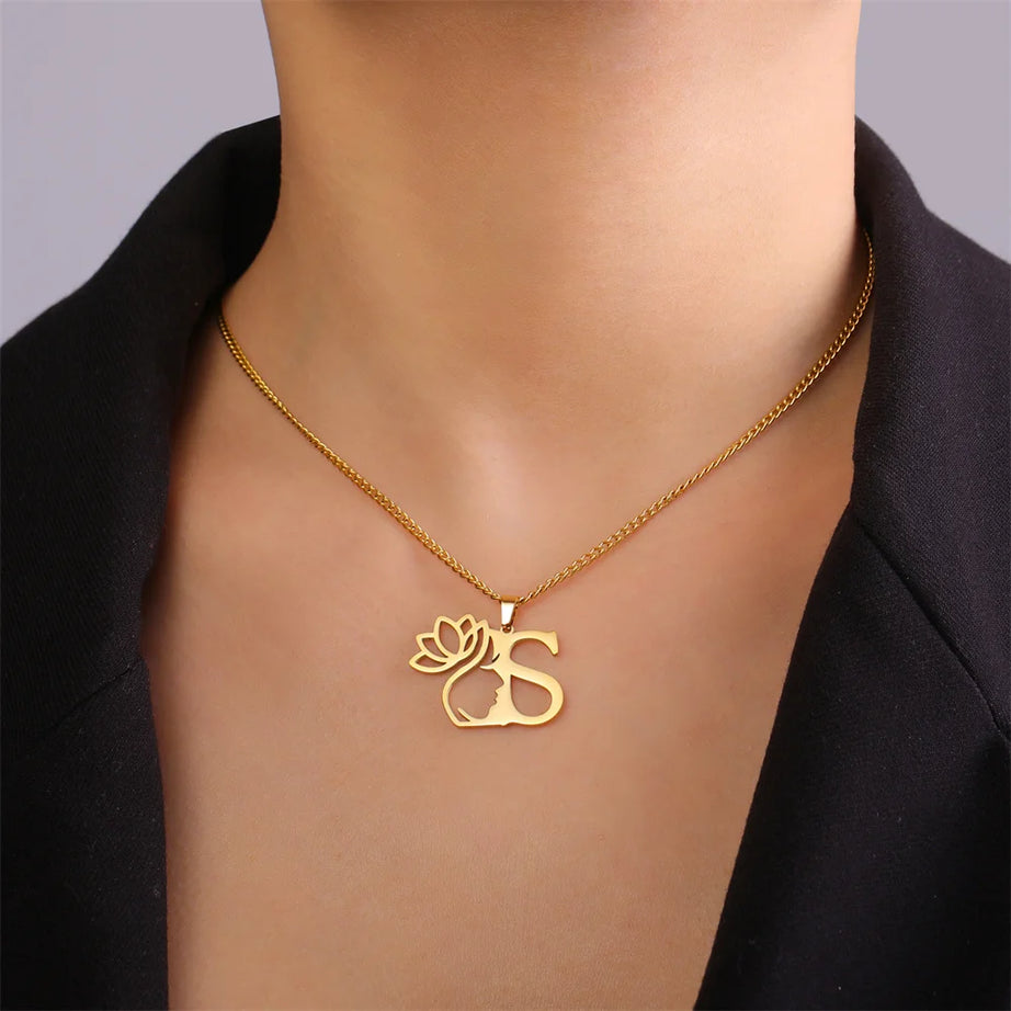 Lotus Flower Initial Letter Pendant, Personalized Stainless Steel Necklace