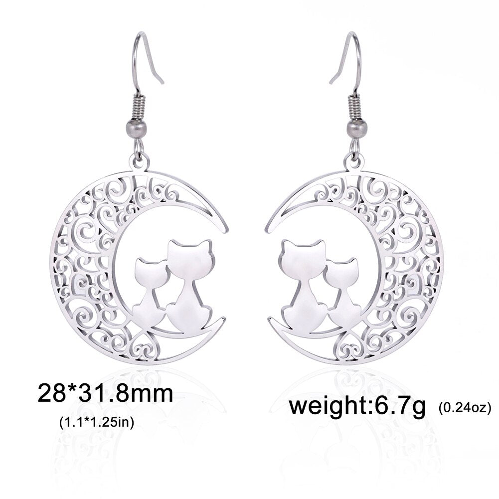 Lucktune Crescent Moon Cat Drop Earrings Stainless Steel Cute Kitten Animal Earrings for Women 2023 Goth Jewelry Birthday Gift - Charlie Dolly