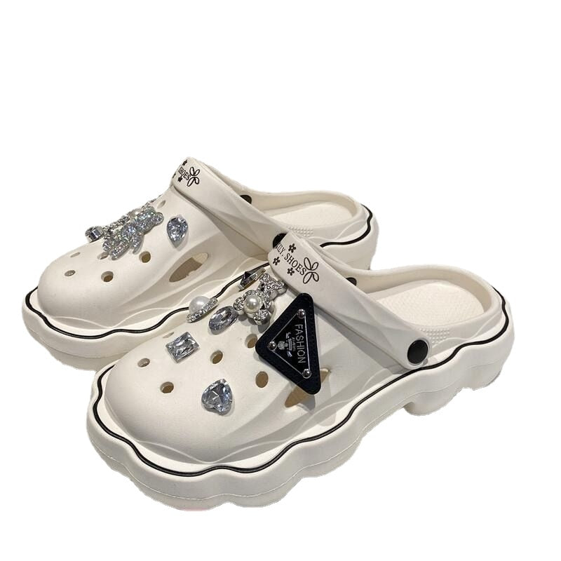 2023 Flat Garden DIY Croc Slippers Woman Beach Slipper Cute Cartoon Diamond Deco For Hole Shoes Antislip Thicken Shoes For Women - Charlie Dolly