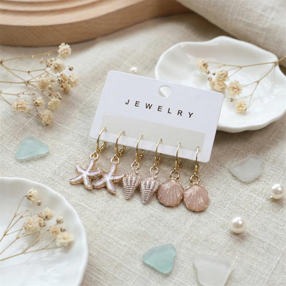 3 Pcs Boho Starfish Shell Hoop Earrings Set for Women Imitation Pearl Metal Geometric Earring Beach Party Versatile Jewelry