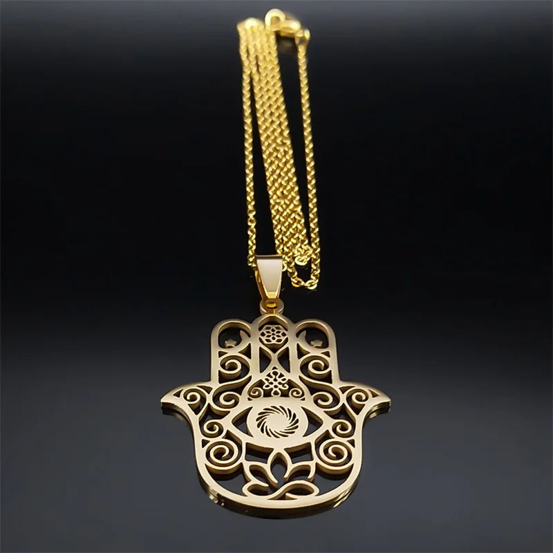Hamsa Hand Muslims Judaism Hollow Necklace for Women Hand of Fatima Lotus Flower Stainless Steel Necklaces Jewelry Gift N8083S04