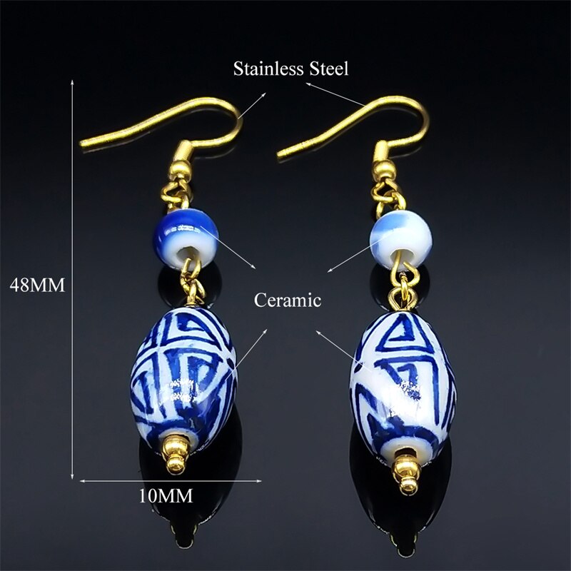 Handmade Chinese Style Blue And White Porcelain Dangle Earring Stainless Steel Ceramic Bead Female Drop Earrings Jewelry LS10S01 - Charlie Dolly