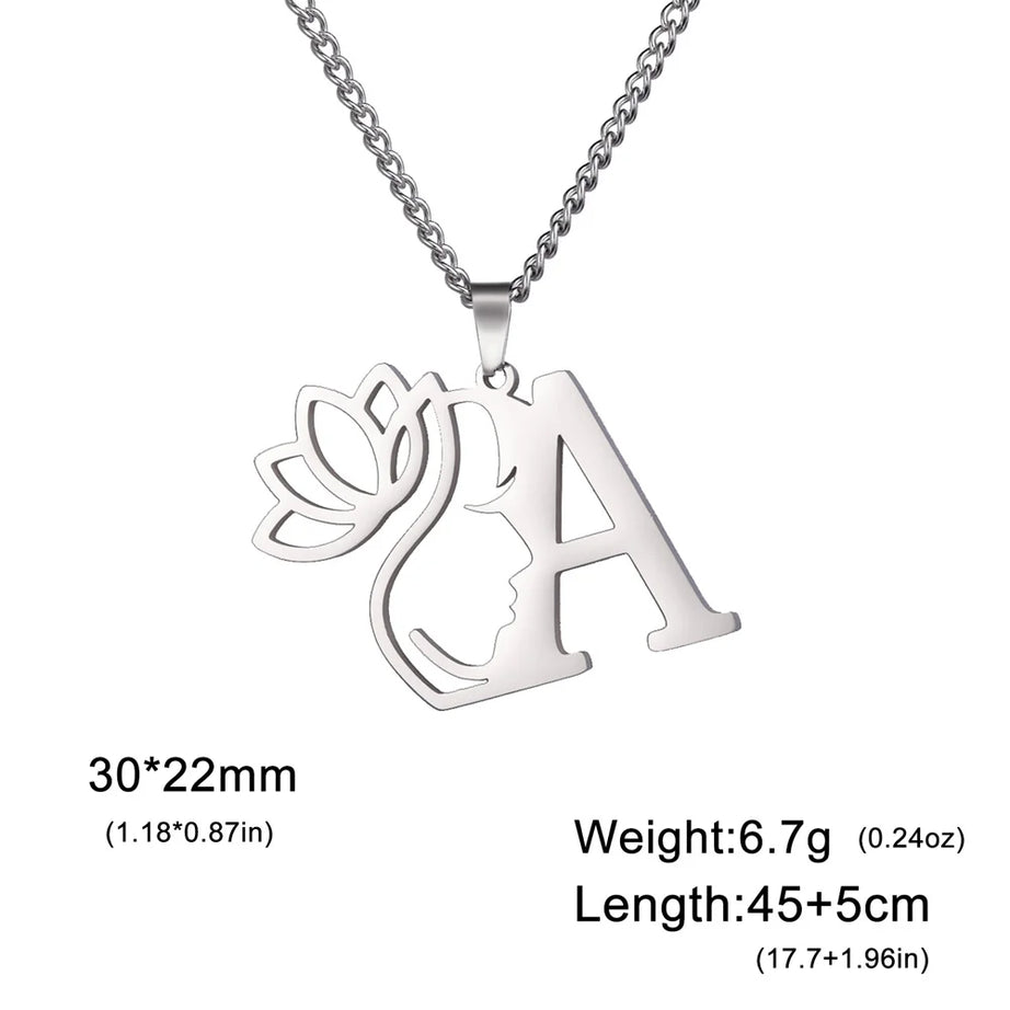 Lotus Flower Initial Letter Pendant, Personalized Stainless Steel Necklace