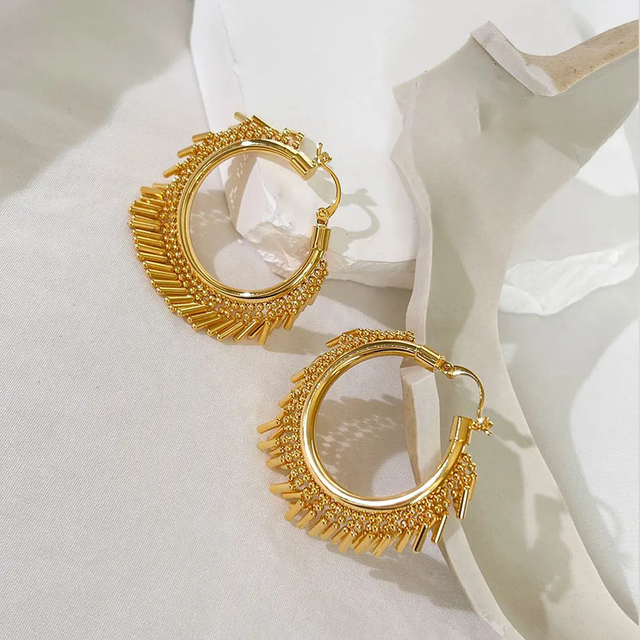 Gold Bead Bar Tassel Hoop Huggie Earrings Jewelry