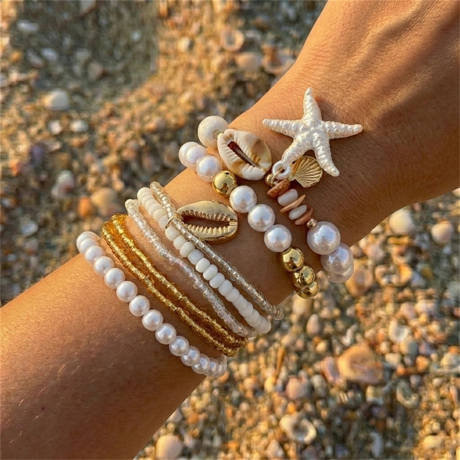 6Pcs/Set Boho Shell Starfish Stacked Bracelets for Women Imitation Pearl Beaded Elastic Bracelet Summer Ocean Jewelry Gift