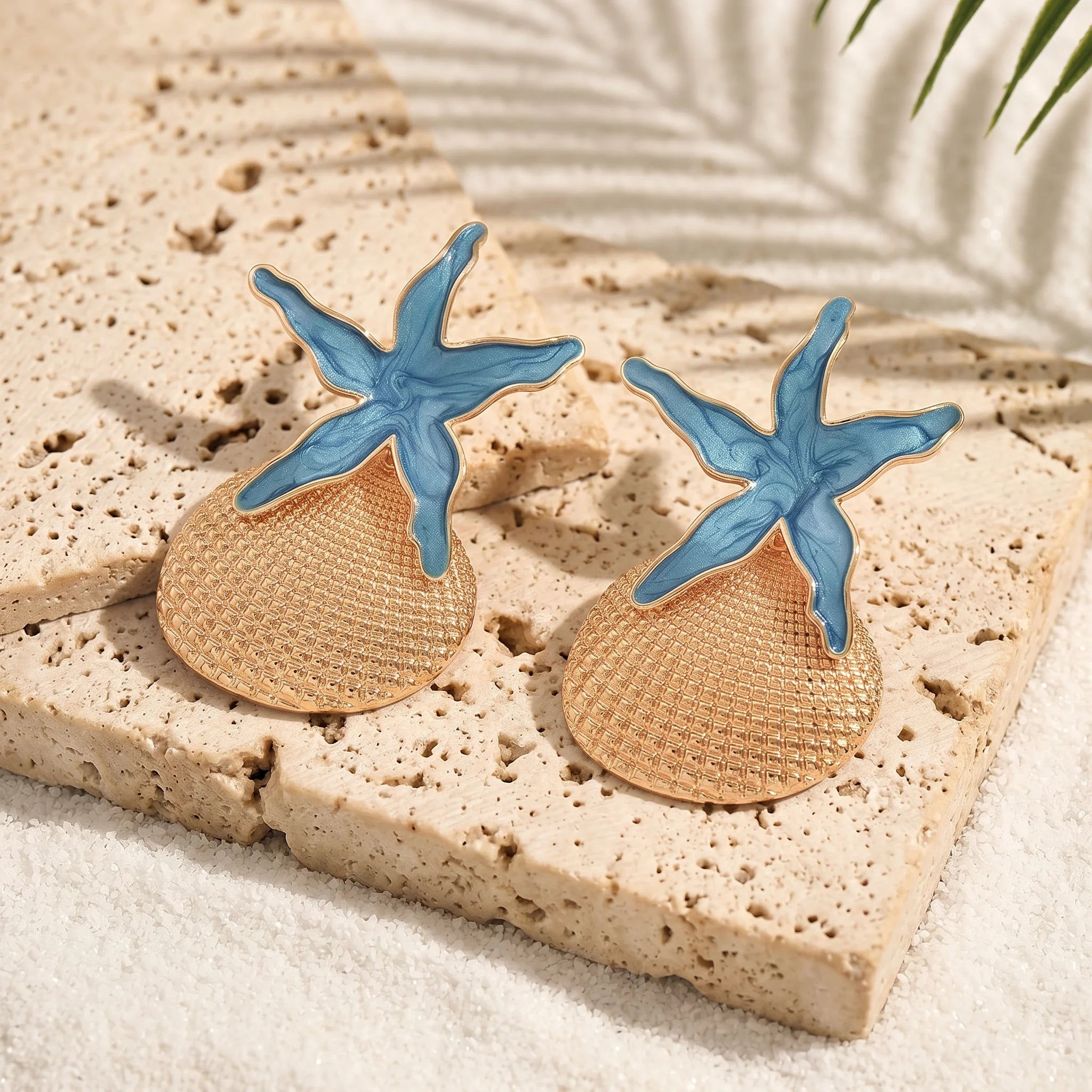 Summer Beach Irregular Enamel Starfish Shell Drop Earrings Boho Gold Tone Jewelry for Women