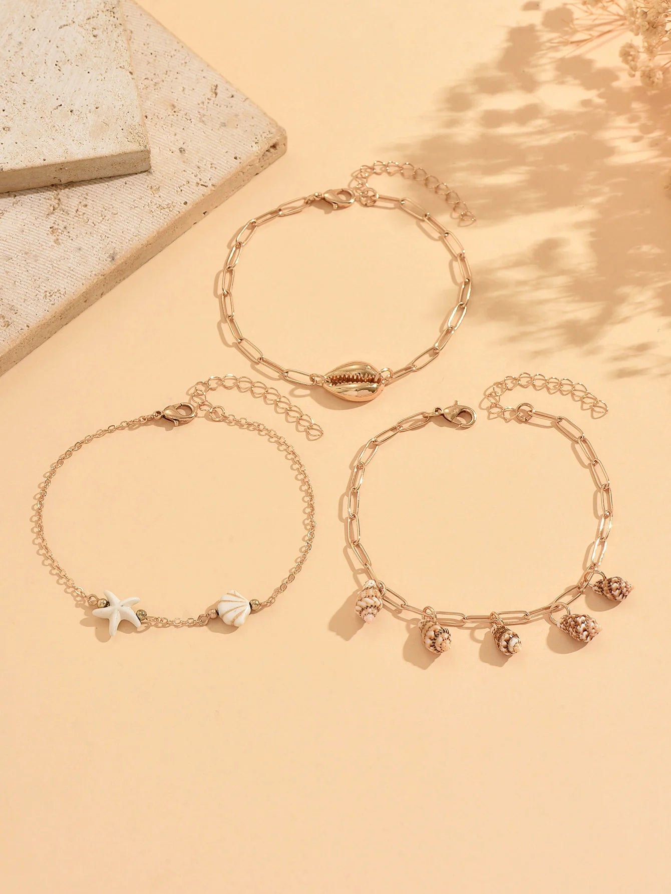 3PCS Layered Stackable Gold Anklet Set Cowrie Shell Conch Starfish Charms Dainty Boho Summer Beach Jewelry