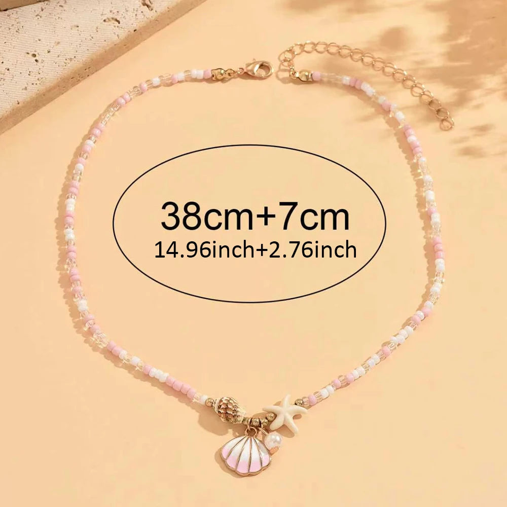 Pink White Beaded Choker Necklace Shell Starfish Faux Pearl Pendant Boho Summer Beach Vacation Daily Jewelry