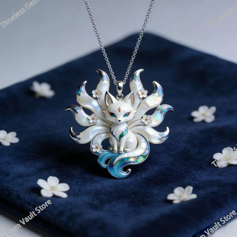 Nine-Tailed Fox Enamel Pendant Necklace, Kitsune Spirit Talisman