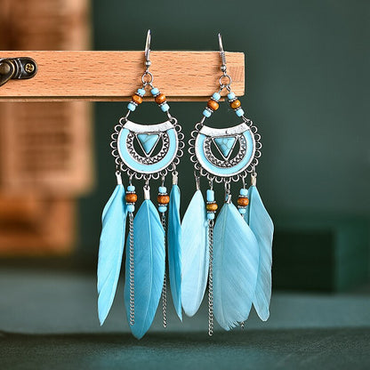 Vintage Bohemian Long Tassel Chain Feather Earrings For Women Boho Geometric Triangle Blue Stone Bead Handmade Wedding Earrings