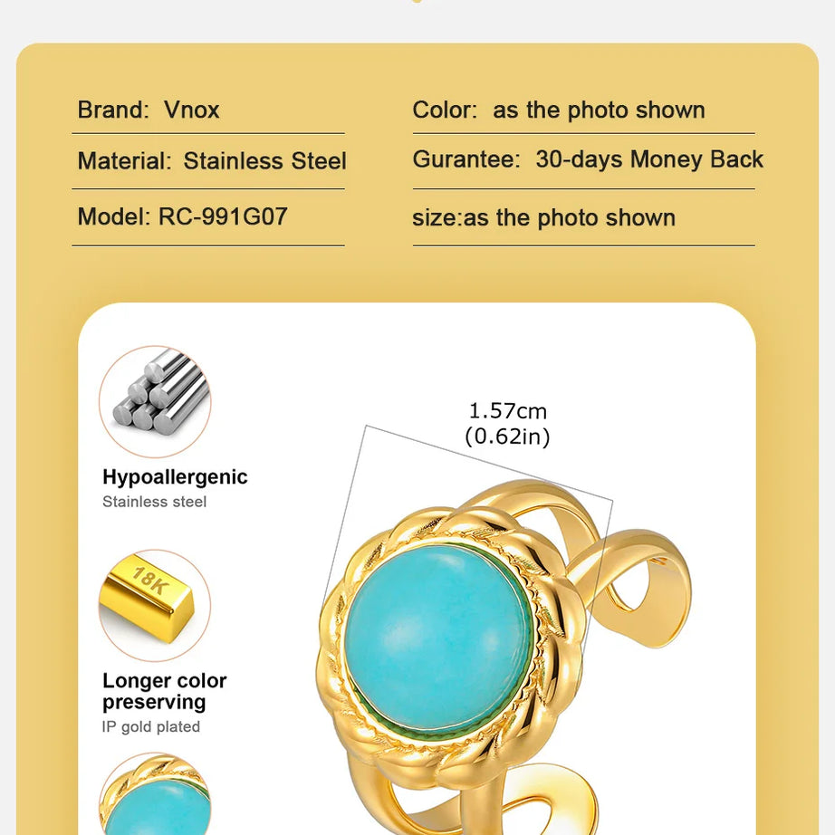 Vnox Vintage Blue Turquoise Gold Color Opening Rings for Women, Natural Stone Stainless Steel Finger Boho Ring Jewelry No Fade - Charlie Dolly