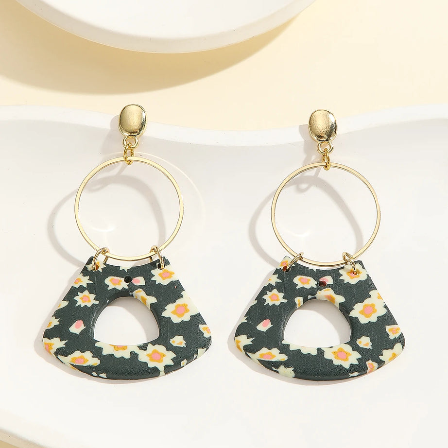 Floral Geometric Polymer Clay Statement Earrings Jewelry