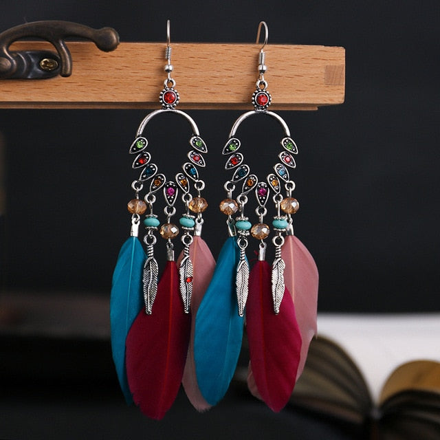 Fashion Earrings Bohemian Ethnic Style Leaf Earrings Jewelry Retro Long Tassel Colorful Feather Earrings Jewelry Gift - Charlie Dolly