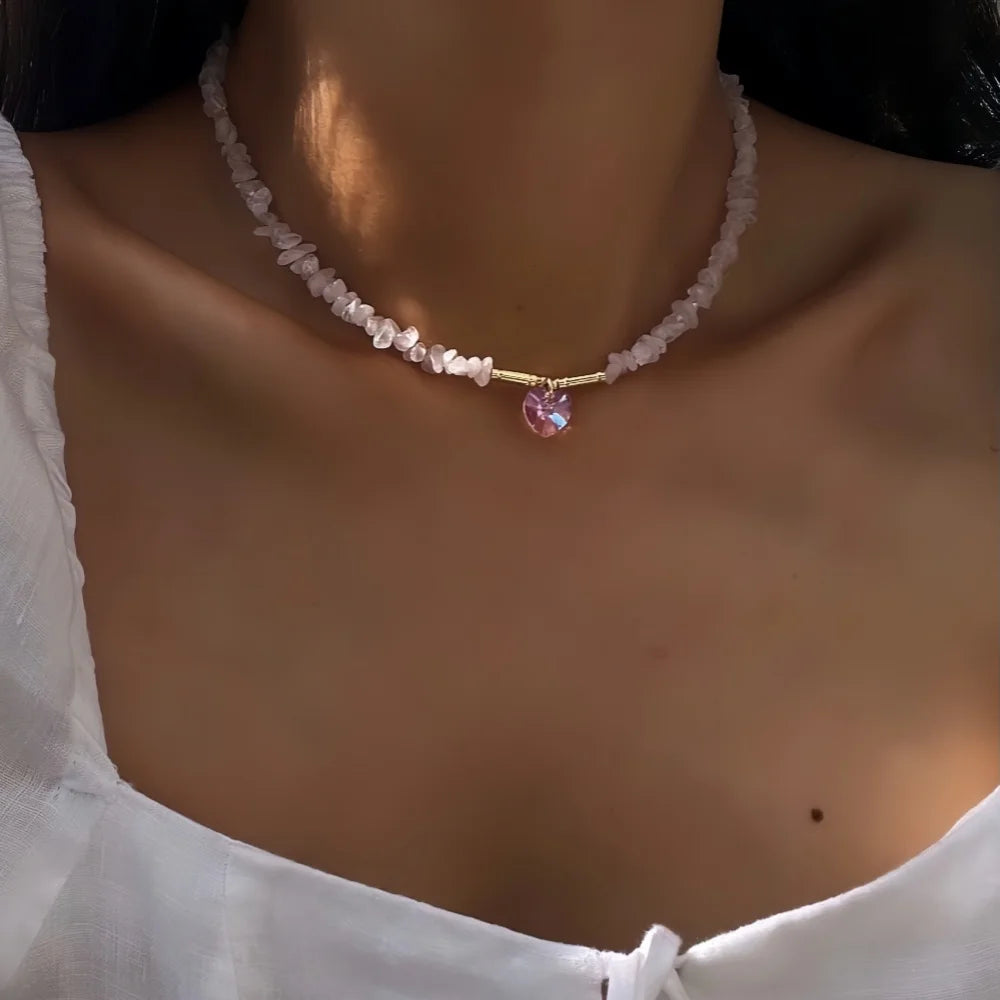 Boho Gravel Choker Blue Chip Turquois Pink Natural Stone Chips Necklaces For Women Heart Crystal Pendant Jewelry Gift For Women