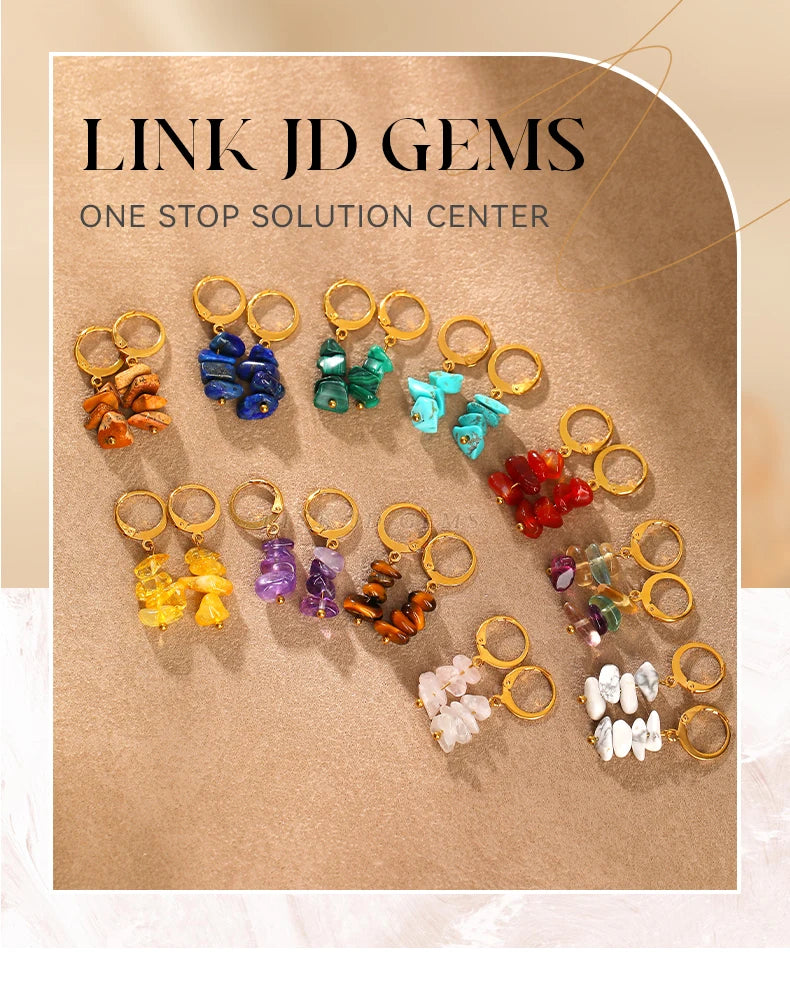 JD Bohemia Natural Stone Gravel Pendant Golden Hoop Earrings Women Raw Amethyst Chips Charms Dangle Reiki Healing Earring Gift