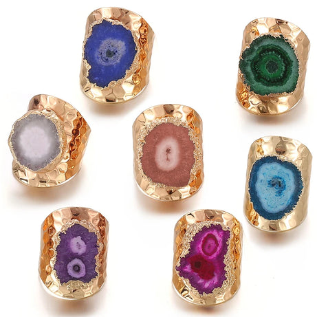 Boho Irregular Natural Stone Agate Slices Sunflower Wide Open Ring for Women Gold Plated Resizable Finger Jewelry - Charlie Dolly